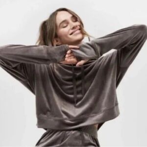 Offline by Aerie Gray Velour Cropped Hoodie Size Small